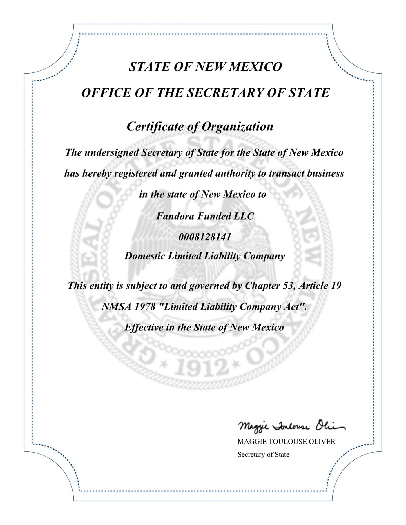 State of New Mexico Certificate of Organization for Fandora Funded LLC